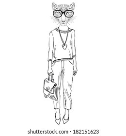 Hand drawn one color sketch of leopard girl dressed up in casual style