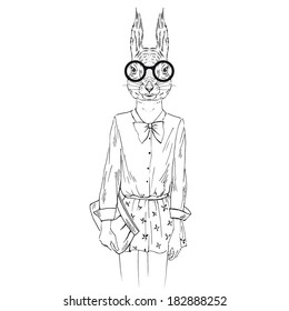 Hand drawn one color sketch of dressed up squirrel girl hipster isolated on white