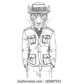 Hand drawn one color sketch of leopard dressed up in safari style isolated on white