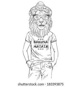 Hand drawn one color sketch of lion dressed up in t-shirt with quote Hakuna Matata isolated on white