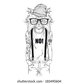 Hand drawn one color sketch of cat dressed up in t-shirt with quote isolated on white