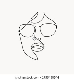 Hand drawn one continuous line woman in glasses. Fashionable typography girl in minimalist style. Beauty sign. Attractive fashion model. Summer fashion. Human avatar in glasses.