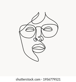 Hand dibujó a una mujer de línea continua con gafas. Niña de tipografía de moda de estilo minimalista. Señal de belleza. Atractivo modelo de moda. Moda de verano. avatar humano con gafas.