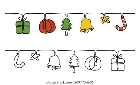 Hand Drawn One Continuous Line Christmas Decoration Hanging Set. Vector Illustration, great for holiday cards.
