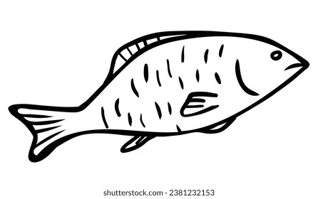 Hand drawn one fish in outline style isolated on a white background. Vector illustration. Perfect for card, banner, coloring book, design element.