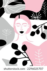 Hand drawn one line art illustration abstract vector modern floral woman boho poster