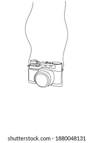 Hand drawn One line drawing of camera linear style. Minimalism style illustration, Black image isolated on white background. 