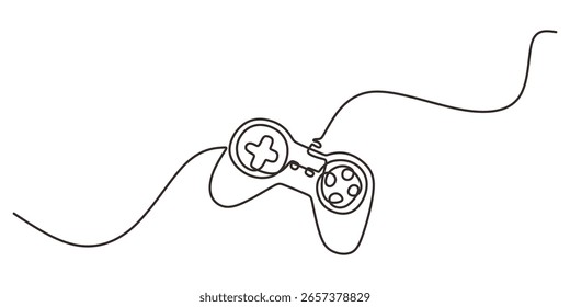 Hand drawn one line drawing of a gaming controller, symbolizing modern digital fun and youth lifestyle. A clean minimalist vector illustration with editable stroke.