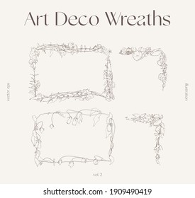 Hand drawn one line floral elements, trendy greenery, botanical drawings. Collection of decorative wreaths. Vector illustration, sketch