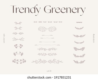 Hand drawn one line floral elements, trendy greenery, botanical drawings. Collection of decorative ornaments. Vector illustration, sketch