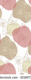 Hand drawn one line flowers in abstract pastel shapes. Seamless pattern.