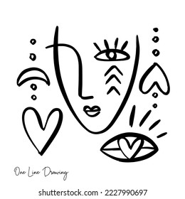 Hand drawn One line human face. Woman abstract trendy portrait single line  drawing contemporary art. Vector illustration, fashion cubism style