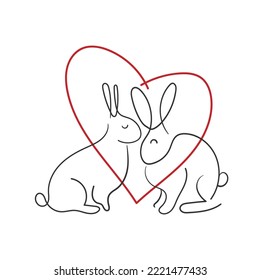 Hand drawn one line rabbits with red heart. One line drawing rabbit isolated. Love concept