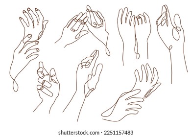 Hand drawn in one line. Set of hands. Art. Decor. Body parts. Posing. ink. Line. Vector. Decor elements.