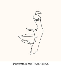 Hand drawn one line smiling woman face.