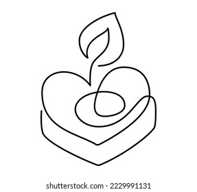 Hand drawn one line vector burning candle icon in form of heart love. Continuous Christmas advent outline illustration for greeting card, web design isolated holiday invitation.