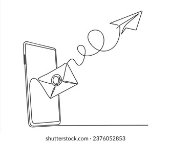 La mano dibujó un vector de línea. Dibujo continuo de una línea de smartphone que envía mensajes instantáneos con sobre volante