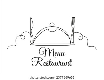 Hand drawn one line vector. Continuous one single line drawing of fork, spoon and metal cover. Menu food design. Illustration with quote template. Can used for menu restaurant sketch