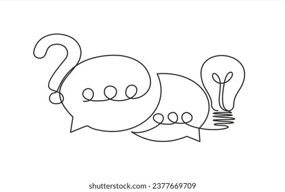 Hand drawn one line vector. Quick tips. Continuous one line drawing of question mark, light bulb and speech bubbles. Trendy line art vector on a white background. Vector illustration.