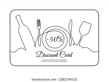 Hand drawn one line vector. Discount card or voucher fast food restaurant or delivery service, template design with one continuous linear food and drinks composition