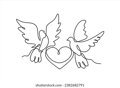 Hand drawn one line vector. Flying pigeons and heart vector one continuous  line art. Illustration with quote template. Can used for logo, banner, booklet, flyer, brochure