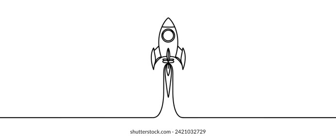 Dibujar a mano un vector de línea.Un dibujo continuo de una simple nave espacial retro que sobrevolaba la nebulosa del espacio ultraterrestre. Lanzamiento del barco espacial de cohetes en el concepto de universo.