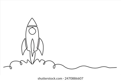 Hand drawn one line vector.One continuous line drawing of simple retro spacecraft flying up to the outer space nebula. Rocket space ship launch into universe concept. 