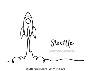 Hand drawn one line vector.One continuous line drawing of simple retro spacecraft flying up to the outer space nebula. Rocket space ship launch into universe concept. 