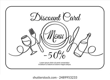Hand drawn one line vector. Discount card or voucher fast food restaurant or delivery service, template design with one continuous linear food and drinks composition