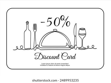 Hand drawn one line vector. Discount card or voucher fast food restaurant or delivery service, template design with one continuous linear food and drinks composition