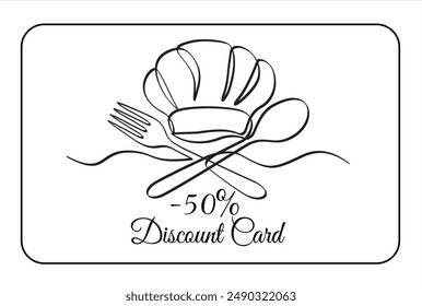 Hand drawn one line vector. Discount card or voucher fast food restaurant or delivery service, template design with one continuous linear food and drinks composition