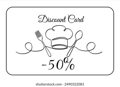 Hand drawn one line vector. Discount card or voucher fast food restaurant or delivery service, template design with one continuous linear food and drinks composition