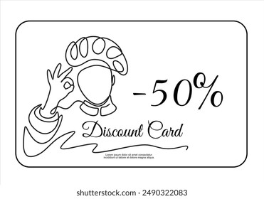 Hand drawn one line vector. Discount card or voucher fast food restaurant or delivery service, template design with one continuous linear food and drinks composition
