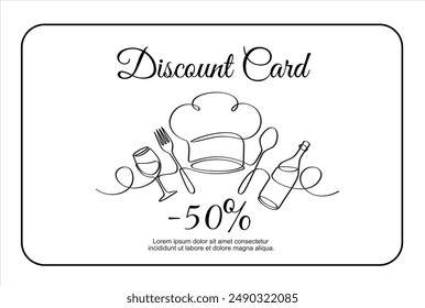 Hand drawn one line vector. Discount card or voucher fast food restaurant or delivery service, template design with one continuous linear food and drinks composition