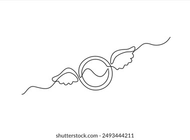 Hand drawn one line vector. Continuous line drawing of coin with wings. Flying money. Economy, finance, money pictogram. Wealth symbol. Vector illustration. Free, easy. Spend, expenses
