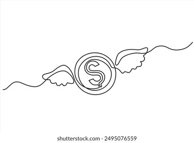 Hand drawn one line vector. Continuous line drawing of coin with wings. Flying money. Economy, finance, money pictogram. Wealth symbol. Vector illustration. Free, easy. Spend, expenses