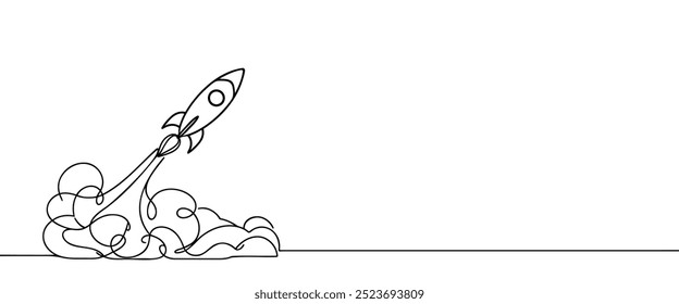 Hand drawn one line vector. One continuous line drawing of simple retro spacecraft flying up to the outer space nebula. Rocket space ship launch into universe concept.