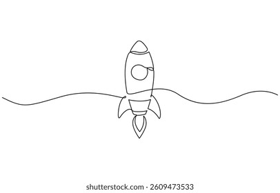 Hand drawn one line vector.One continuous line drawing of simple retro spacecraft, One continuous line drawing of simple retro spacecraft flying up to the outer space nebula.
