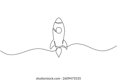 Hand drawn one line vector.One continuous line drawing of simple retro spacecraft, One continuous line drawing of simple retro spacecraft flying up to the outer space nebula.