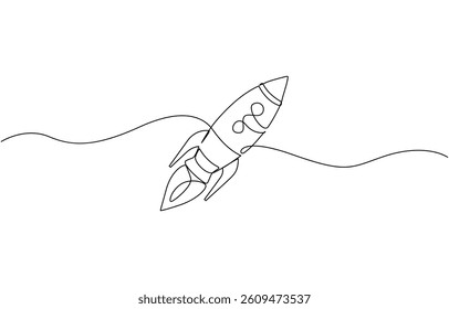 Hand drawn one line vector.One continuous line drawing of simple retro spacecraft, One continuous line drawing of simple retro spacecraft flying up to the outer space nebula.