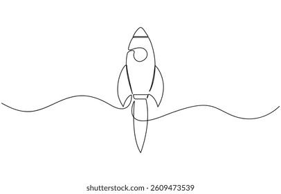 Hand drawn one line vector.One continuous line drawing of simple retro spacecraft, One continuous line drawing of simple retro spacecraft flying up to the outer space nebula.