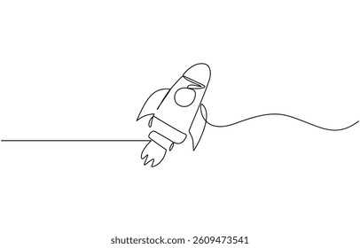 Hand drawn one line vector.One continuous line drawing of simple retro spacecraft, One continuous line drawing of simple retro spacecraft flying up to the outer space nebula.