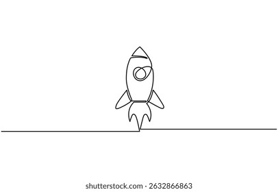 Hand drawn one line vector.One continuous line drawing of simple retro spacecraft flying up, SingleLine Rocket Drawing Spacecraft Launch, Startup, Innovation