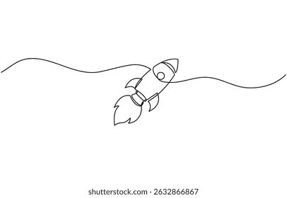 Hand drawn one line vector.One continuous line drawing of simple retro spacecraft flying up, SingleLine Rocket Drawing Spacecraft Launch, Startup, Innovation