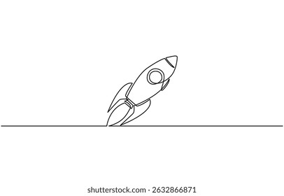 Hand drawn one line vector.One continuous line drawing of simple retro spacecraft flying up, SingleLine Rocket Drawing Spacecraft Launch, Startup, Innovation