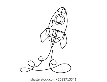 Vetor de uma linha desenhado à mão. Lançamento da nave espacial do foguete no conceito do universo. Um desenho de linha contínua de uma espaçonave retrô simples voando até a nebulosa do espaço exterior. Traçado editável.