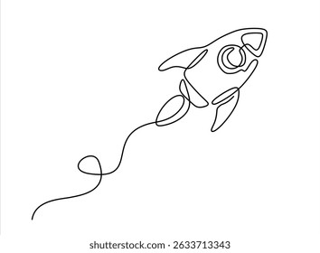 Vetor de uma linha desenhado à mão. Lançamento da nave espacial do foguete no conceito do universo. Um desenho de linha contínua de uma espaçonave retrô simples voando até a nebulosa do espaço exterior. Traçado editável.