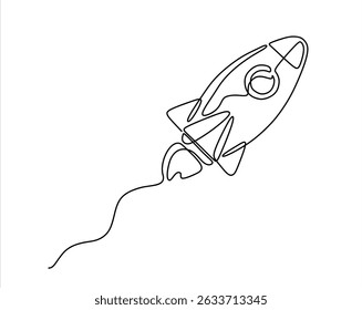 Vetor de uma linha desenhado à mão. Lançamento da nave espacial do foguete no conceito do universo. Um desenho de linha contínua de uma espaçonave retrô simples voando até a nebulosa do espaço exterior. Traçado editável.