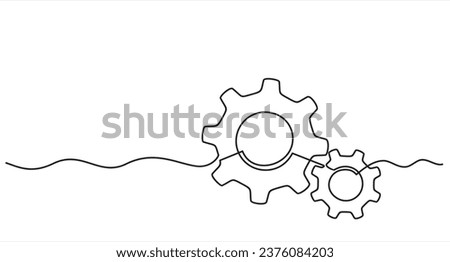 Hand drawn one line vector.One continuous line illustration of gears wheels. Two cogwheels in lineart style. Symbol of teamwork, development, logo, emblem. Creative concept of business teamwork. 