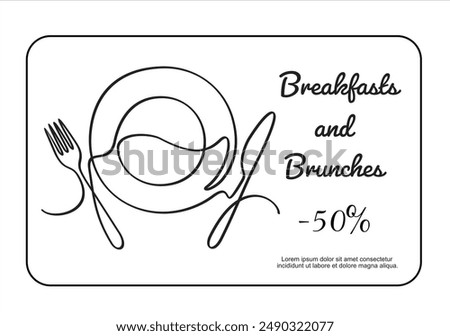 Hand drawn one line vector. Discount card or voucher fast food restaurant or delivery service, template design with one continuous linear food and drinks composition
